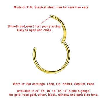 FANSING Nose Hoop 2 Pieces Surgical Steel Nose Rings for Women Cartilage Earring Hoop Men Hinged Sep...
