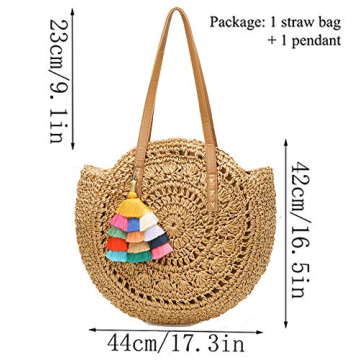 Straw Bag Round Summer Straw Large Woven Beach Bag Purse For Women Vocation Tote Handbags With Pom Poms
