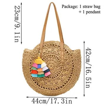 Straw Bag Round Summer Straw Large Woven Beach Bag Purse For Women Vocation Tote Handbags With Pom Poms