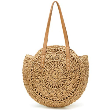 Straw Bag Round Summer Straw Large Woven Beach Bag Purse For Women Vocation Tote Handbags With Pom Poms