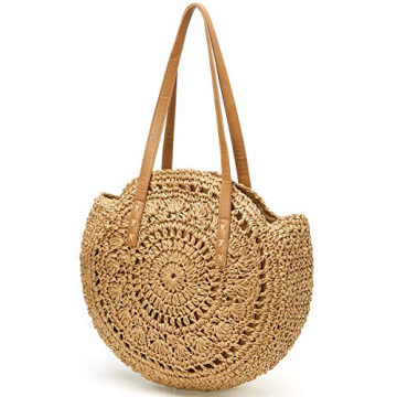 Straw Bag Round Summer Straw Large Woven Beach Bag Purse For Women Vocation Tote Handbags With Pom Poms