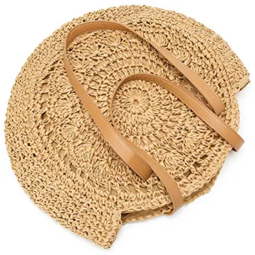 Straw Bag Round Summer Straw Large Woven Beach Bag Purse For Women Vocation Tote Handbags With Pom Poms