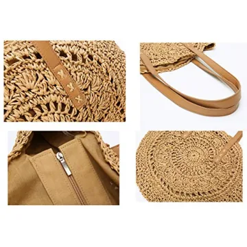 Straw Bag Round Summer Straw Large Woven Beach Bag Purse For Women Vocation Tote Handbags With Pom Poms