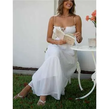 Women Summer Casual Maxi Dress Boho Dress Sleevelss Tie up Flowy Dress Cutout Long Dress Vacation Beach Dress (White, L)