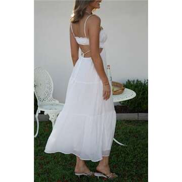 Women Summer Casual Maxi Dress Boho Dress Sleevelss Tie up Flowy Dress Cutout Long Dress Vacation Beach Dress (White, L)