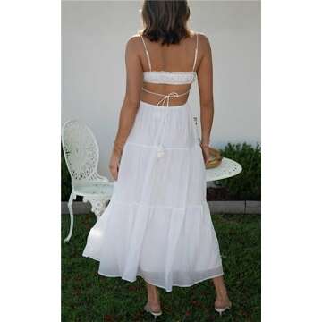 Women Summer Casual Maxi Dress Boho Dress Sleevelss Tie up Flowy Dress Cutout Long Dress Vacation Beach Dress (White, L)