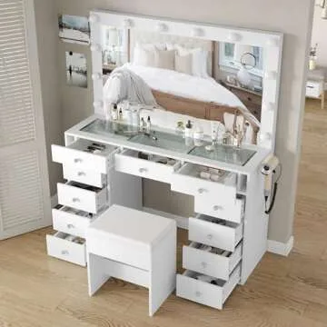 Yanosaku Vanity Desk & Power Outl, Makeup Vanity with Mirror and 12 LED Lights, Makeup Table with 11 Drawers, Vanity Table with Chair，Vanity Set 3 Lighting Modes Brightness Adjustable-(White)