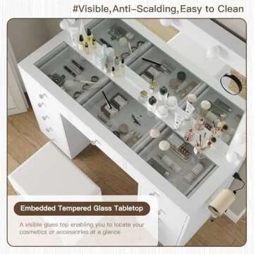 Yanosaku Vanity Desk & Power Outl, Makeup Vanity with Mirror and 12 LED Lights, Makeup Table with 11 Drawers, Vanity Table with Chair，Vanity Set 3 Lighting Modes Brightness Adjustable-(White)