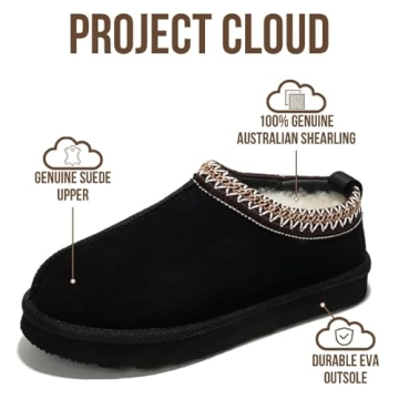 Project Cloud Genuine Leather Womens Slippers with Genuine Australian Shearling Fur Lining - Non-Sli...