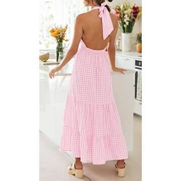 ZESICA Women's Summer Crossover Halter Neck Sleeveless Plaid Cut Out Backless Flowy A Line Maxi Dress,Pink,Small