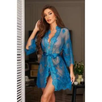 Avidlove Women's Lace Kimono Robe Babydoll Lingerie Mesh Nightgown S-5XL Peacock Blue