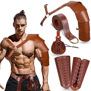 5 Pcs Halloween Leather Shoulder Armor Arm Guards Bracers Viking Belt Leather Belt Pouch Medieval Co...