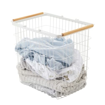 Yamazaki Home Tosca Laundry Basket - Elegant Design with Wooden Handles, Perfect for Small Spaces