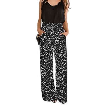 chimikeey Womens Leopard Print Wide Leg Pants High Waisted Belted Palazzo Trousers Black