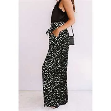 chimikeey Womens Leopard Print Wide Leg Pants High Waisted Belted Palazzo Trousers Black