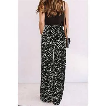 chimikeey Womens Leopard Print Wide Leg Pants High Waisted Belted Palazzo Trousers Black