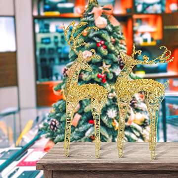 ZHANYIGY 2pc Set White Bead Gold Winding Thread String Christmas Reindeer Figurine Table Desk Decorations Glittering Xmas Holiday Party Supply