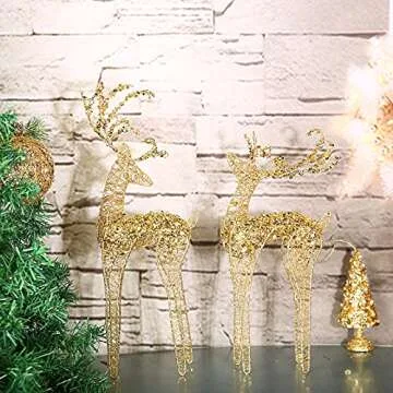 ZHANYIGY 2pc Set White Bead Gold Winding Thread String Christmas Reindeer Figurine Table Desk Decorations Glittering Xmas Holiday Party Supply