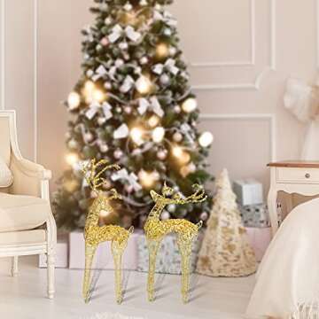 ZHANYIGY 2pc Set White Bead Gold Winding Thread String Christmas Reindeer Figurine Table Desk Decorations Glittering Xmas Holiday Party Supply
