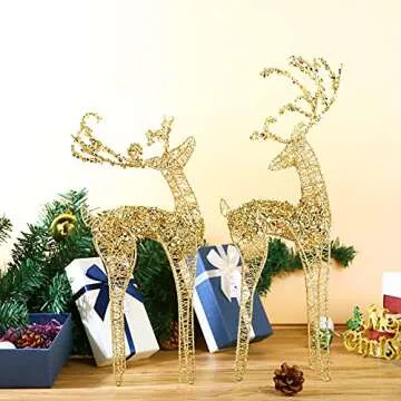 ZHANYIGY 2pc Set White Bead Gold Winding Thread String Christmas Reindeer Figurine Table Desk Decorations Glittering Xmas Holiday Party Supply