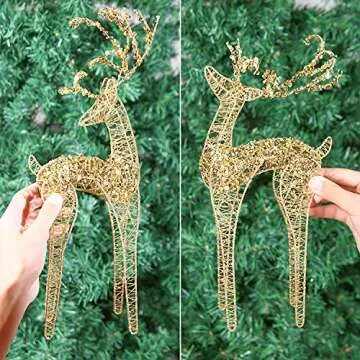 ZHANYIGY 2pc Set White Bead Gold Winding Thread String Christmas Reindeer Figurine Table Desk Decorations Glittering Xmas Holiday Party Supply