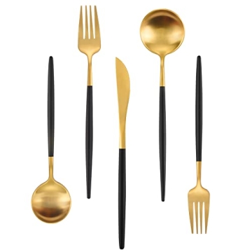 Matte Gold Silverware Set with Black Handles