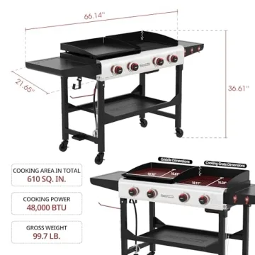 Royal Gourmet GD403 4-Burner Propane Gas Grill and Griddle Combo with Folding Legs, 48,000 BTUs, Portable Griddle Grill Combo for Outdoor Cooking While Camping or Tailgating, Black & Silver