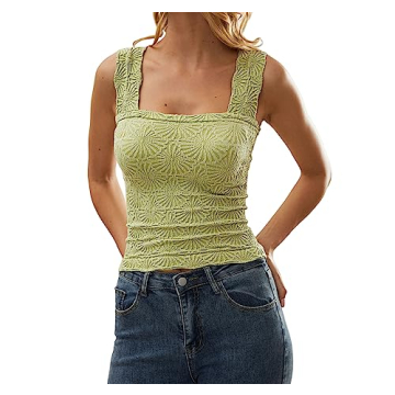 AIHUKOCY Women Square Neck Wide Strap Floral Crop Tank Top Sleeveless Lettuce Trim Solid Slim Croppe...