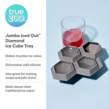 True Zoo Jumbo Iced Out Diamond Ice Tray, Silicone Mold and Ice Cube Tray for Cocktails, Makes 4 Ice Cubes, Grey, Set of 1