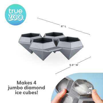 True Zoo Jumbo Iced Out Diamond Ice Tray, Silicone Mold and Ice Cube Tray for Cocktails, Makes 4 Ice Cubes, Grey, Set of 1