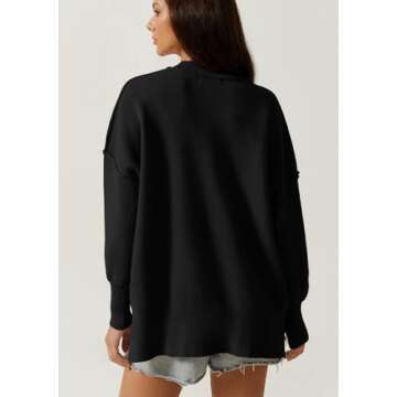 QINSEN Woman's Ribbed Knit Pullover Oversized Long Dolman Sleeve Street Tunic Sweater Black S