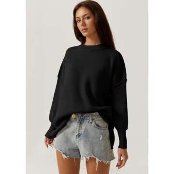 QINSEN Woman's Ribbed Knit Pullover Oversized Long Dolman Sleeve Street Tunic Sweater Black S