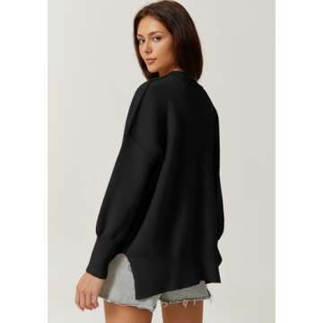 QINSEN Woman's Ribbed Knit Pullover Oversized Long Dolman Sleeve Street Tunic Sweater Black S