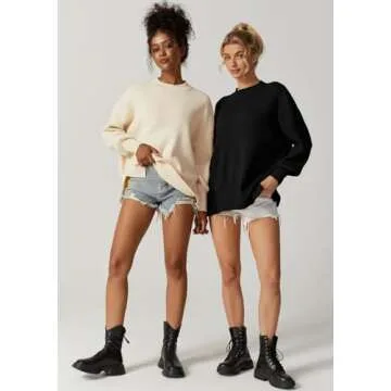 QINSEN Woman's Ribbed Knit Pullover Oversized Long Dolman Sleeve Street Tunic Sweater Black S