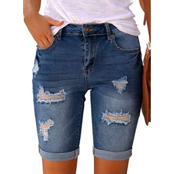 luvamia Women Casual High Waisted Ripped Rolled Hem Denim Jean Shorts Bermuda Shorts Emotional Blue Size Large