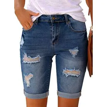 luvamia Women Casual High Waisted Ripped Rolled Hem Denim Jean Shorts Bermuda Shorts Emotional Blue Size Large