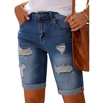 luvamia Women Casual High Waisted Ripped Rolled Hem Denim Jean Shorts Bermuda Shorts Emotional Blue Size Large