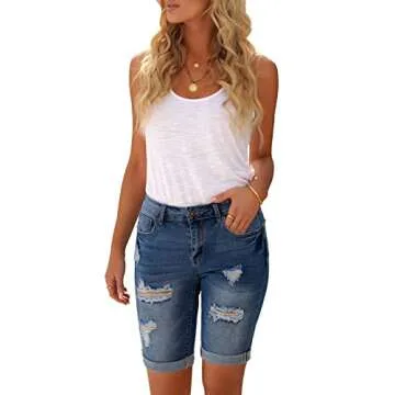 luvamia Women Casual High Waisted Ripped Rolled Hem Denim Jean Shorts Bermuda Shorts Emotional Blue Size Large