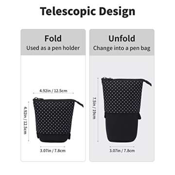 Sooez Standing Pencil Case, Cute Stand up Pencil Pouch, Telescopic Pen Pouch, Portable Pencil Holder, Kawaii Stand up Pencil Case, Spacious Pencil Pouch Bag for School Office Supplies, Black