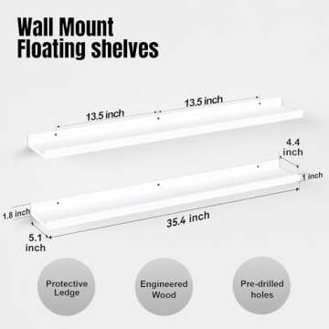 Boswillon 36 Inches Long Floating Shelves Wall Mounted, 2 Set Modern White Wall Shelf for Bedroom, Nursery Book Shelf with Lip, Picture Ledge Shelf for Wall Decor Living Room Bathroom Kitchen - White