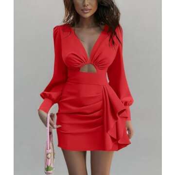 Women's Club Dress V-Neck Long Sleeve Cutout Date Night Bodycon Dresses Red L