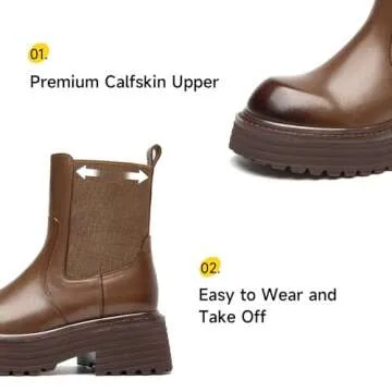 BEAU TODAY Platform Chelsea Boots for Women, Chunky Genuine Leather Elastic Ankle Boots for Women, Fashion Fall boots with Round Toe, Comfortable Slip-on Winter Combat Boots Coffee US 8
