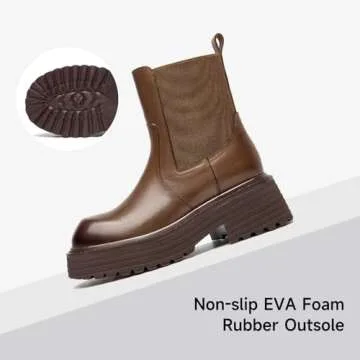BEAU TODAY Platform Chelsea Boots for Women, Chunky Genuine Leather Elastic Ankle Boots for Women, Fashion Fall boots with Round Toe, Comfortable Slip-on Winter Combat Boots Coffee US 8