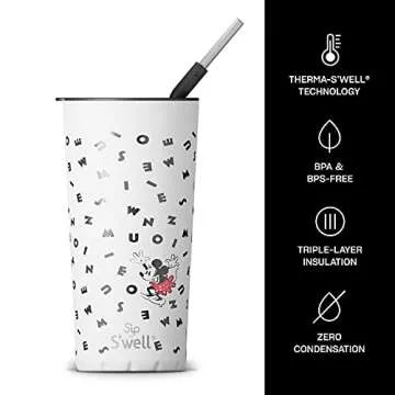S'well S'ip Stainless Steel Takeaway Tumbler - 24 Oz - Minnie Mouse, Letters - Double-Walled Vacuum-Insulated Keeps Drinks Cold for 16 Hours and Hot for 4 - BPA-Free Travel Mug