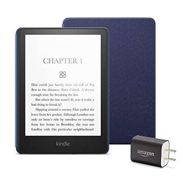 Kindle Paperwhite Essentials Bundle: 16 GB, Denim Leather Cover & Power Adapter