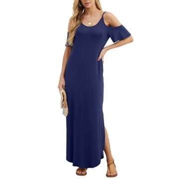 GRECERELLE Women Summer Maxi Dresses Casual Loose Strapless Strap Cold Shoulder Short Sleeve Split L...