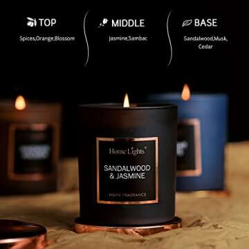 HomeLights Luxury Scented Candle, Natural Soy Wax, Home Fragrance Decor Gift, Sandalwood & Jasmine, Medium Jar