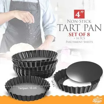 YUMTART 4 Inch Round Tart Pan 8 Pieces, False Bottom Pie Pan, Deep Fluted Tart and Quiche Pan with R...