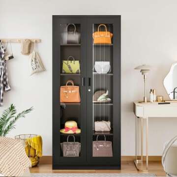 NODHM 71In Display Cabinet with 2 Glass Doors, 5 Tier Curio, Metal Storage Cabinet with Lock & 4 Adj...
