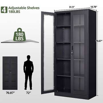NODHM 71In Display Cabinet with 2 Glass Doors, 5 Tier Curio, Metal Storage Cabinet with Lock & 4 Adjustable Shelves, Tall Front Bookshelf Decor for Study/Bedroom/Pantry (Black)